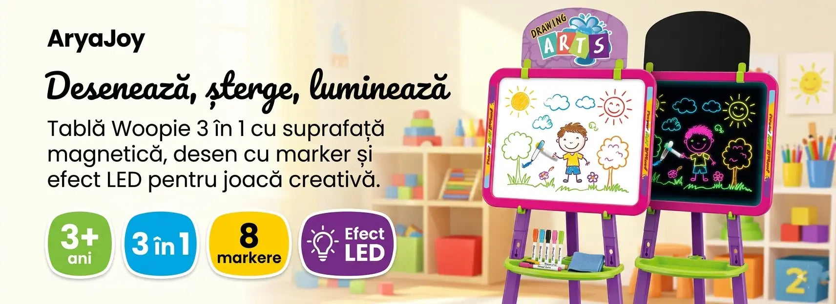 Banner AryaJoy pentru tabla de desen Woopie 3 în 1, magnetică și luminoasă LED, cu 8 markere și suport pentru copii de la 3 ani.