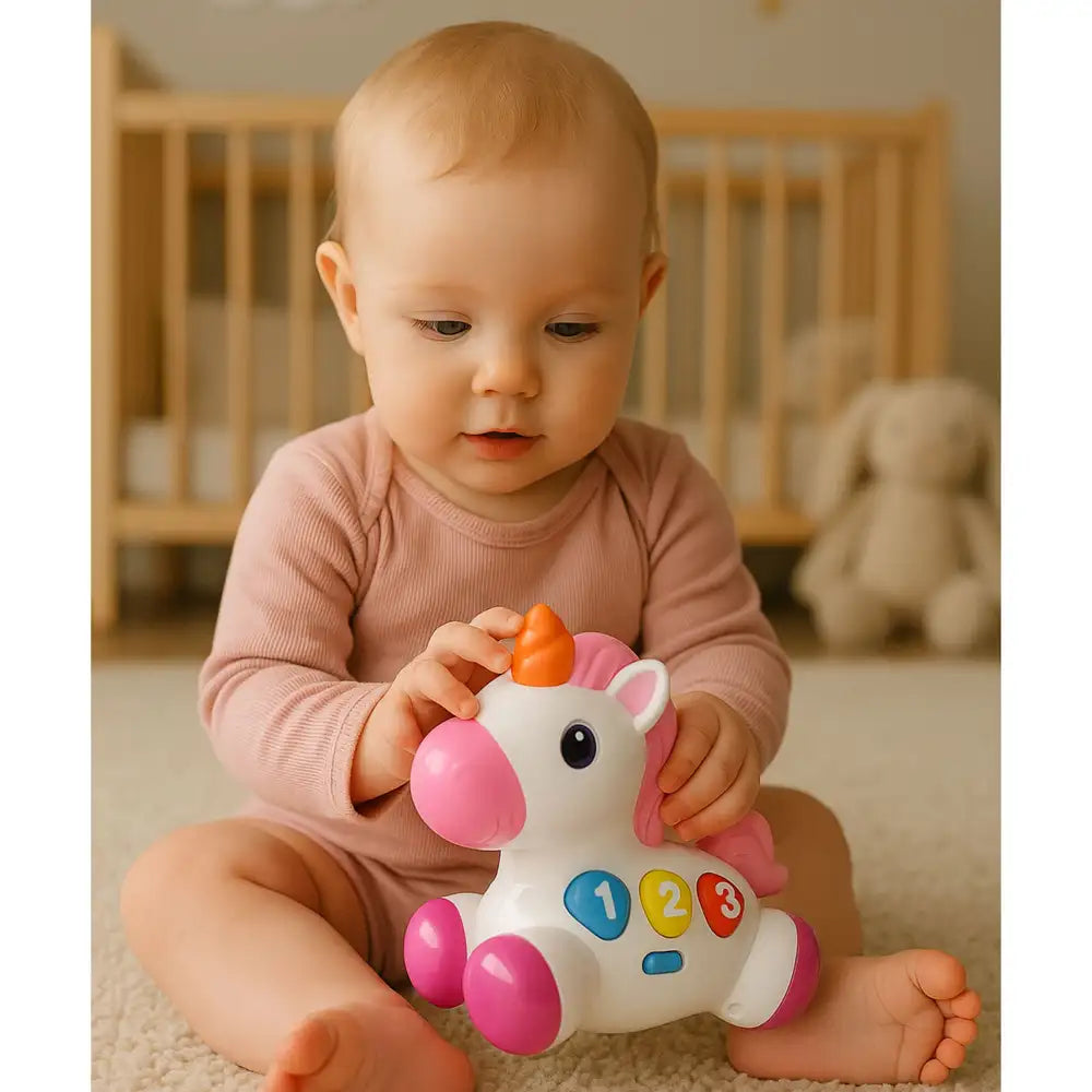 Bebeluș care se joacă pe covor cu unicornul interactiv Lean Toys cu lumini și sunete.