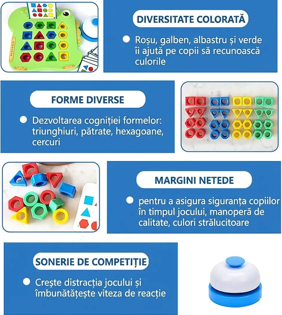 Infografic cu beneficiile jocului Woopie Dinozaur, forme colorate, margini netede si sonerie de competitie.