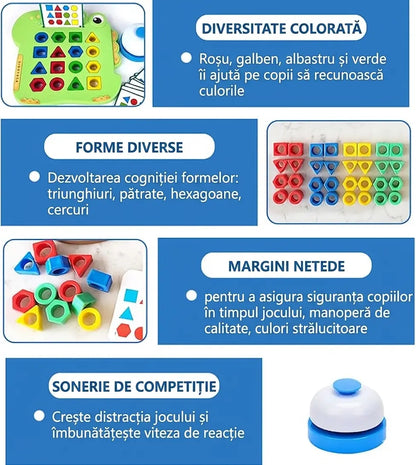 Infografic cu beneficiile jocului Woopie Dinozaur, forme colorate, margini netede si sonerie de competitie.