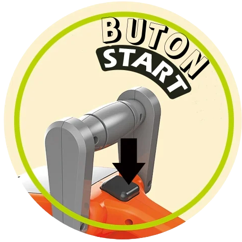 Detaliu cu butonul de start al aparatului de baloane Woopie tip drujbă.