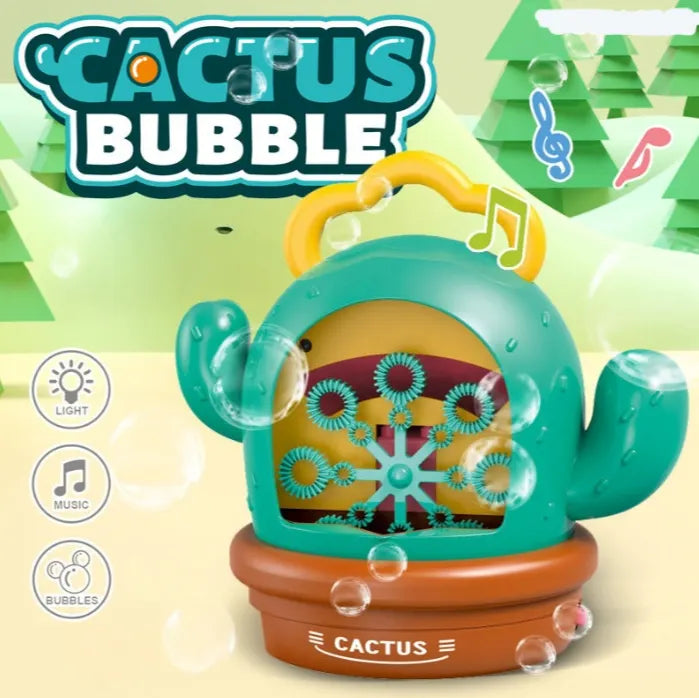 Infografic Cactus Bubble cu pictograme pentru lumină, muzică și baloane.