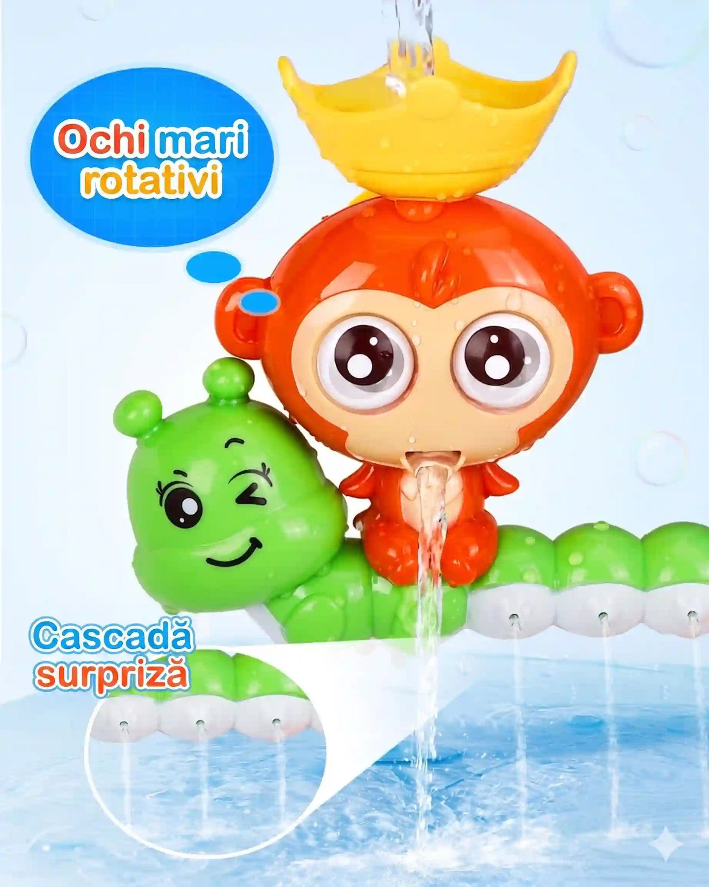 Jucărie de baie cu maimuță, omidă și efect de cascadă, cu ochi mari rotativi.