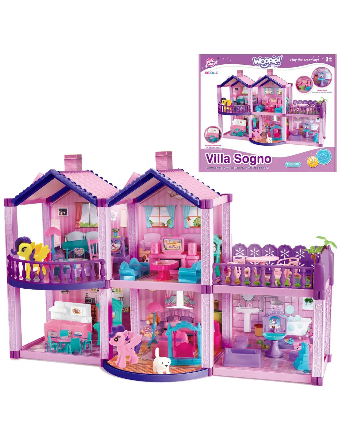 Căsuță de păpuși WOOPIE Pony Fantasy Villa cu 120 de piese.