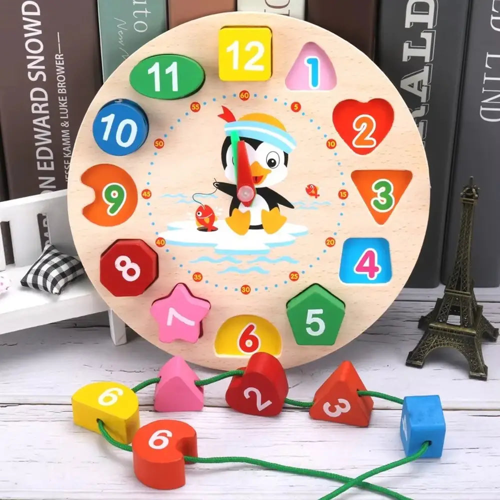 Set ceas educativ Montessori Lean Toys cu piese colorate și șnur verde pentru înșirat.
