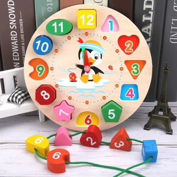 Set ceas educativ Montessori Lean Toys cu piese colorate și șnur verde pentru înșirat.