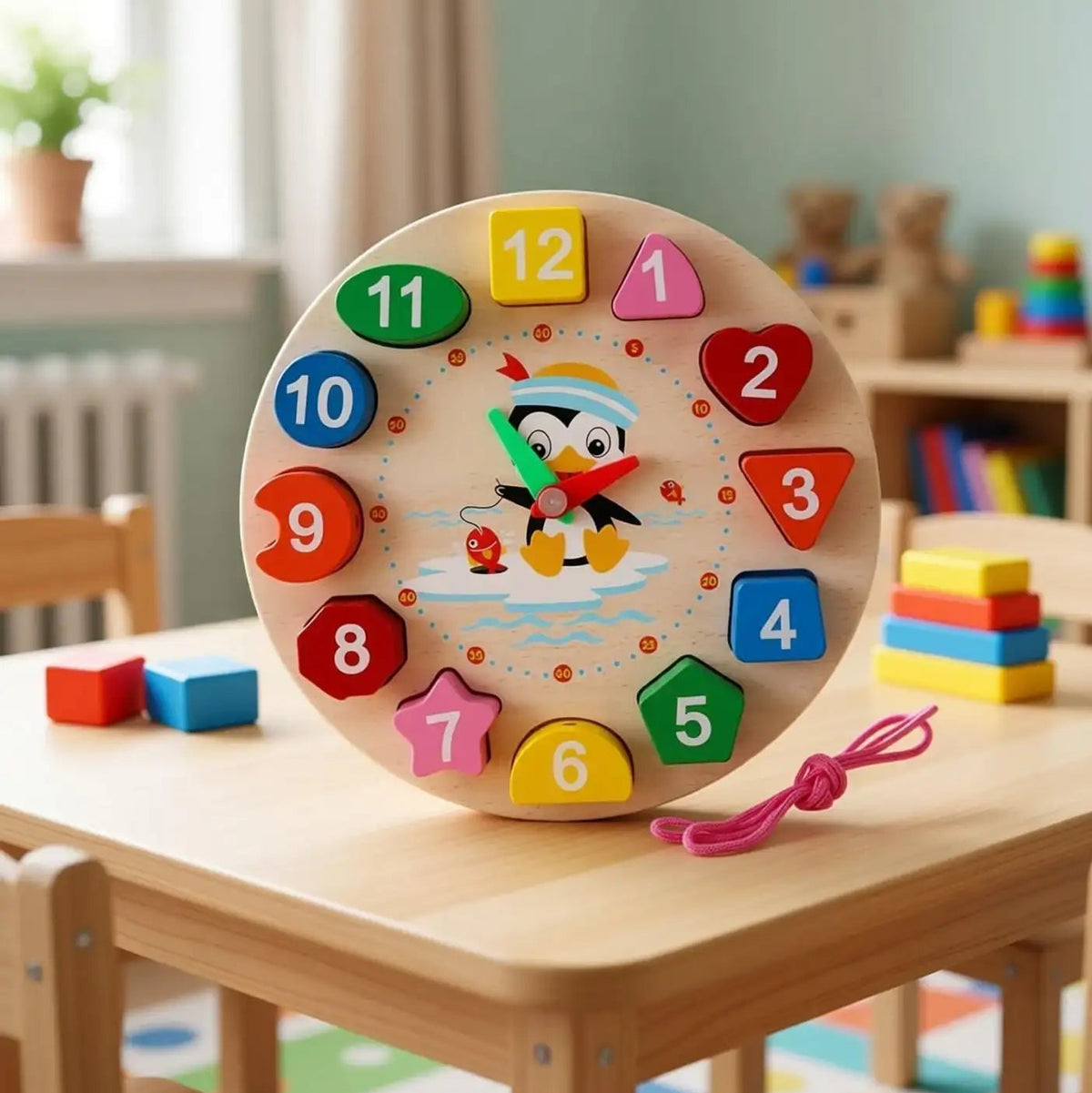 Ceas educativ Montessori din lemn Lean Toys, cu forme colorate și șnur, pe masă în camera de joacă.