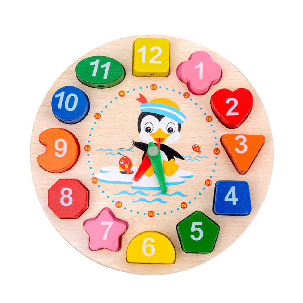 Ceas educativ din lemn cu pinguin, ace mobile și 12 piese colorate cu numere.