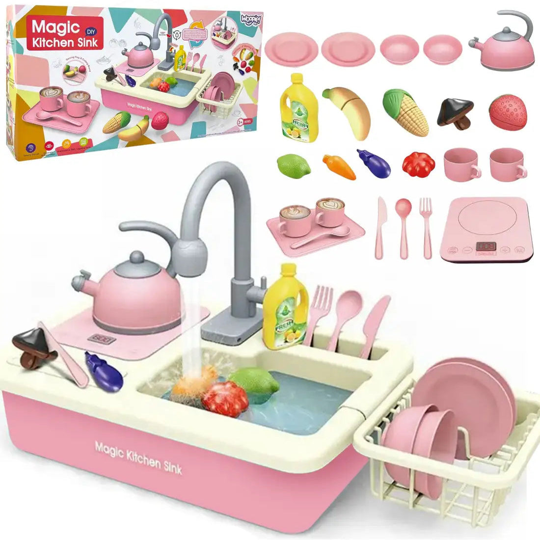 Chiuvetă bucătărie de jucărie Woopie Magic Kitchen Sink cu robinet, plită, ceainic și accesorii.