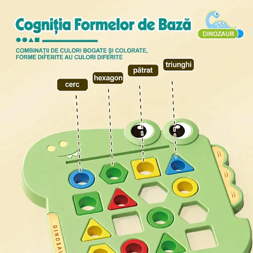 Infografic despre formele de baza ale jocului Dinozaur Woopie, cu cerc, hexagon, patrat si triunghi.