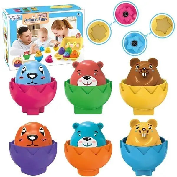 Colaj Woopie Montessori cu 6 ouă cu animale, ambalaj și forme geometrice pentru sortare.