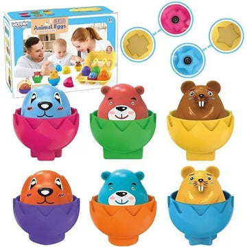 Colaj Woopie Montessori cu 6 ouă cu animale, ambalaj și forme geometrice pentru sortare.
