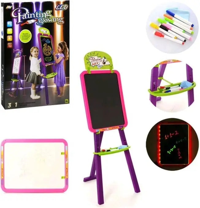 Colaj cu tabla Woopie 3 în 1, ambalaj, markere, poliță și efect de desen luminos LED.