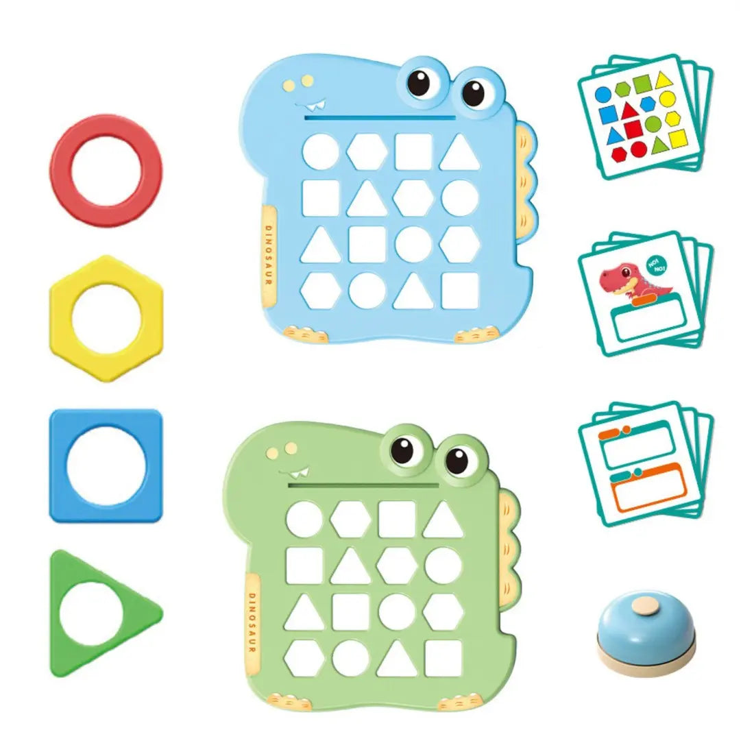 Componentele jocului Dinozaur Woopie: doua table, carduri, sonerie si forme geometrice colorate.