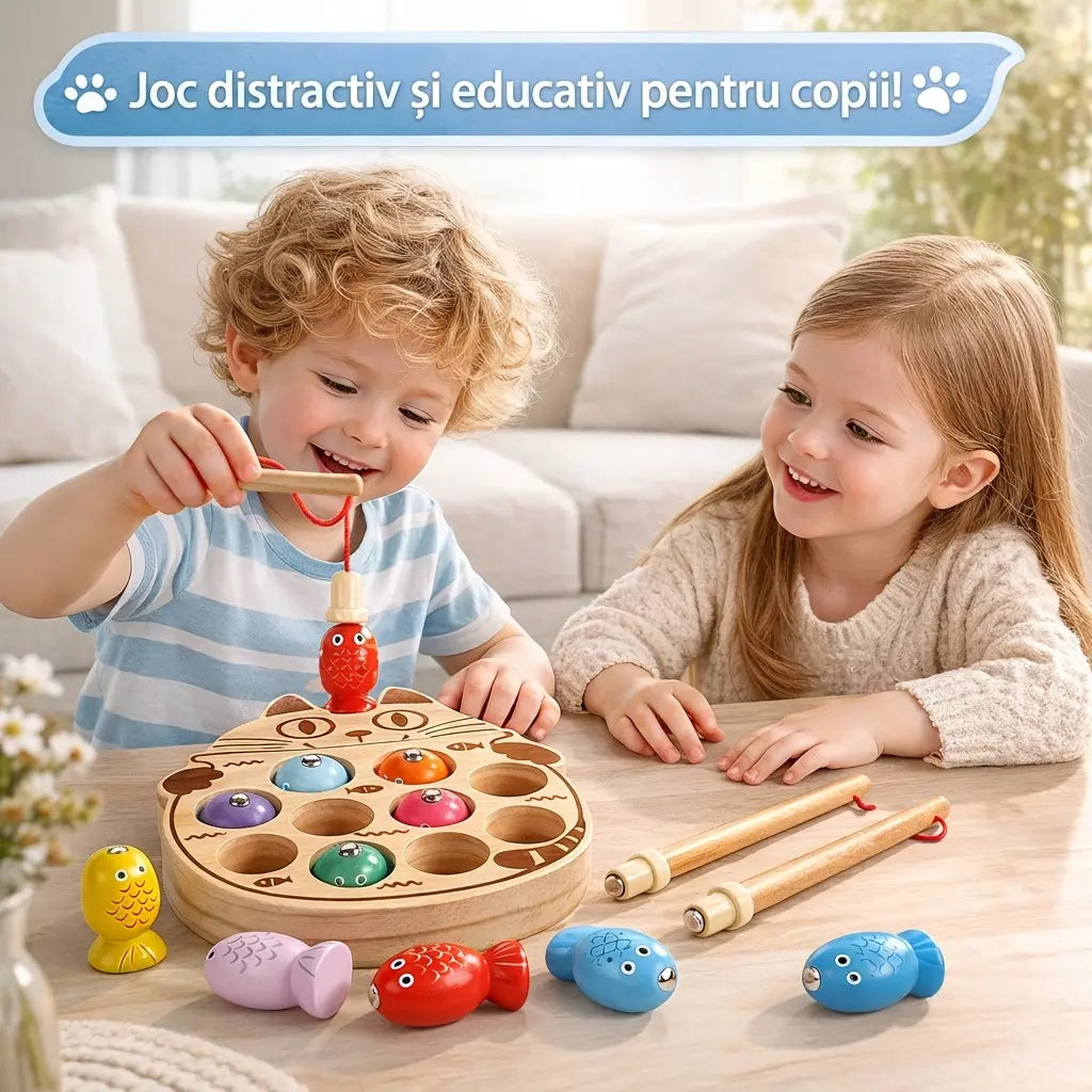 Copii jucându-se la masă cu jocul de pescuit magnetic din lemn în formă de pisică.