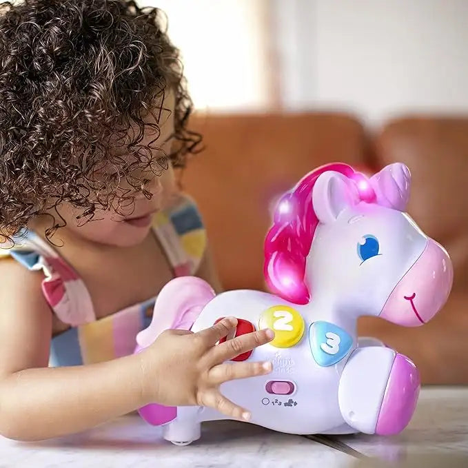 Unicorn interactiv Lean Toys cu butoane 1, 2, 3 pentru melodii, sunete și lumină.