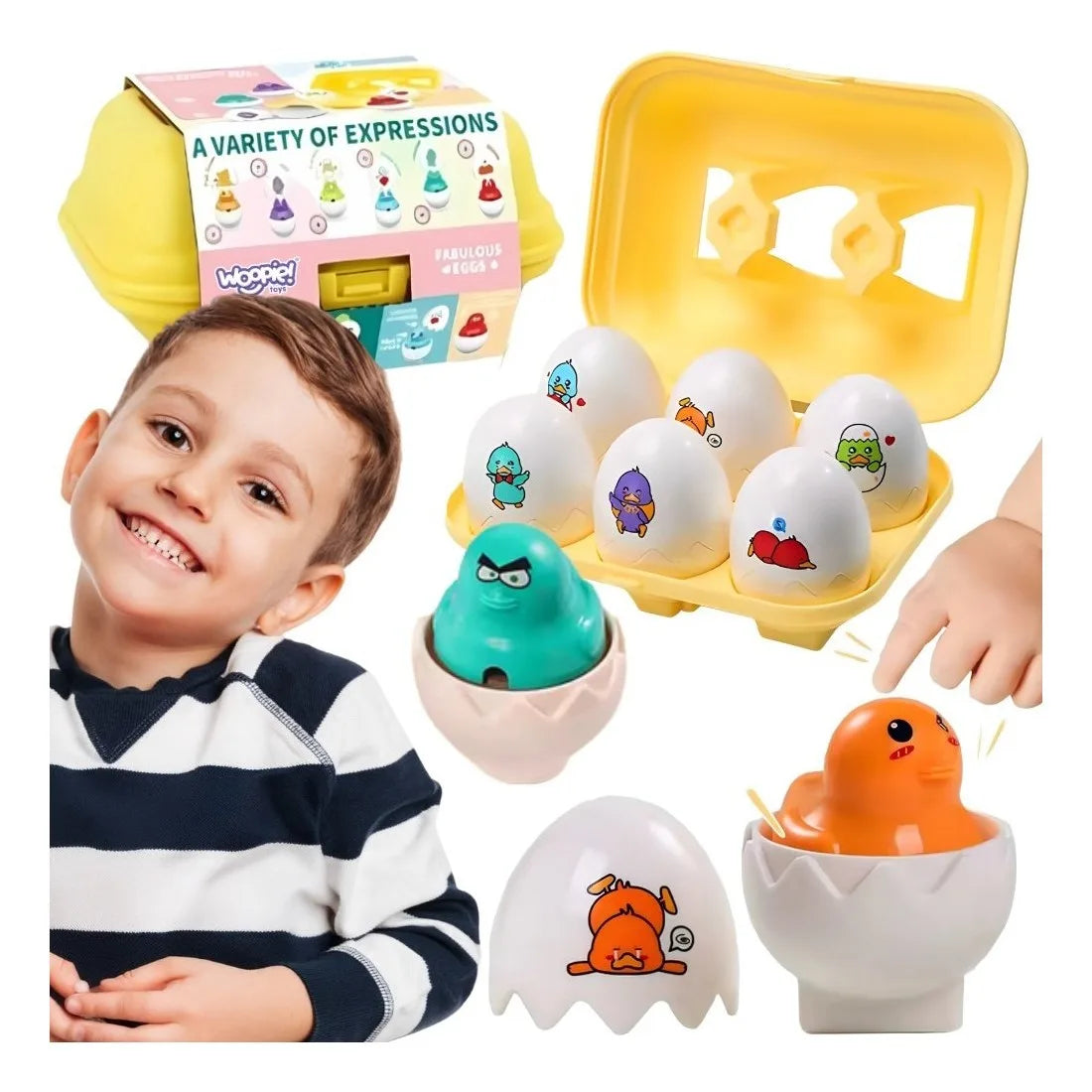Copil lângă setul Woopie Ouă cu puișori Montessori, cu ouă albe, puișori colorați și cutie galbenă.