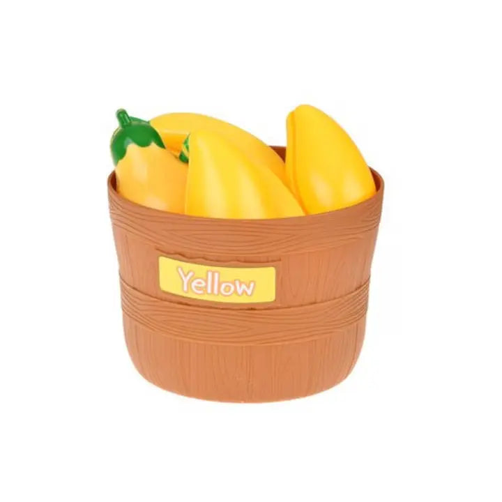 Coș galben Lean Toys cu piese alimentare galbene pentru joc educativ.