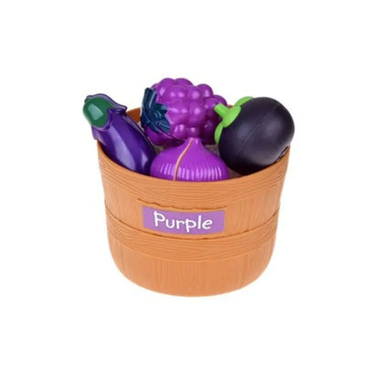 Coș mov Lean Toys cu struguri, vânătă și legume mov pentru sortare.