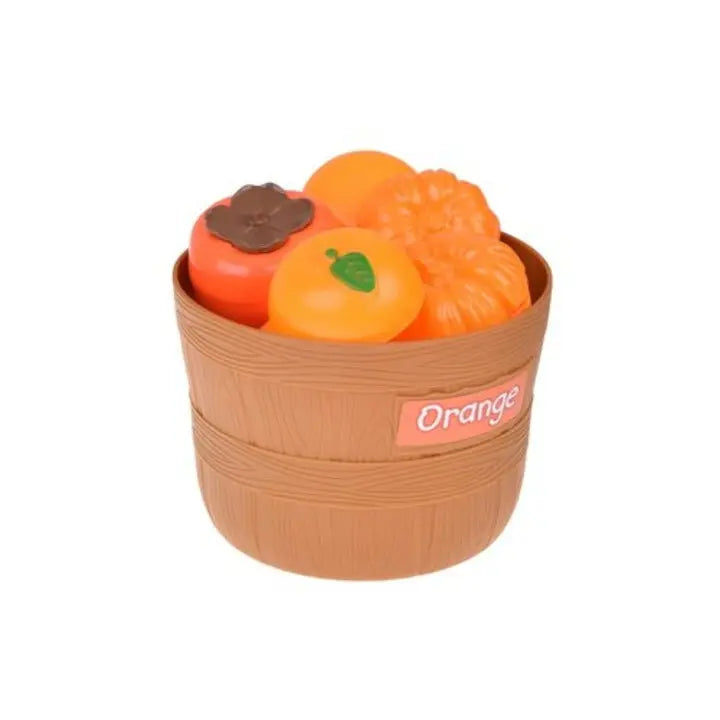 Coș portocaliu Lean Toys cu fructe și legume portocalii pentru sortarea culorilor.