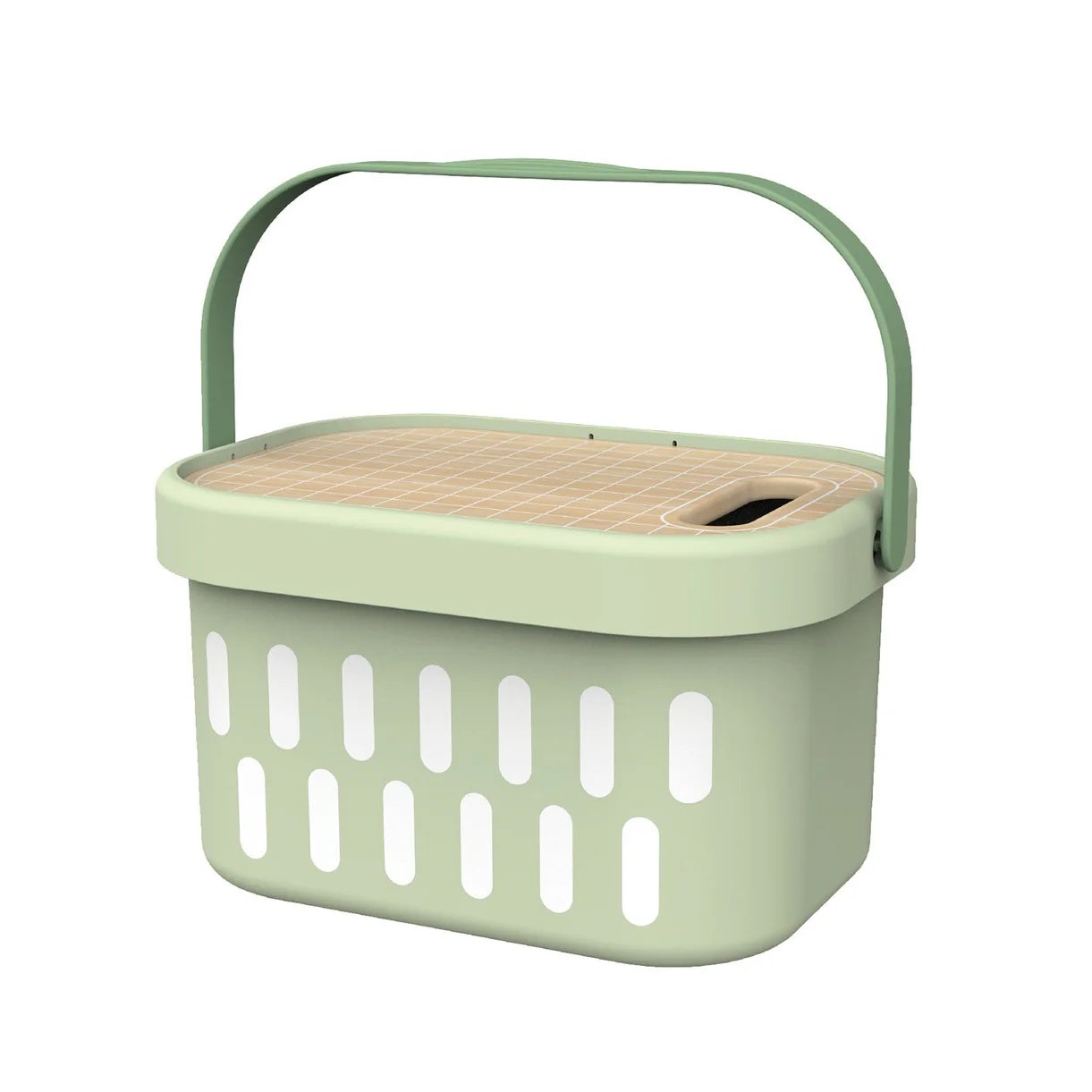 Coș verde Tooky Toy cu mâner și capac tip tocător, prezentat pe fundal alb pentru detaliu de produs.