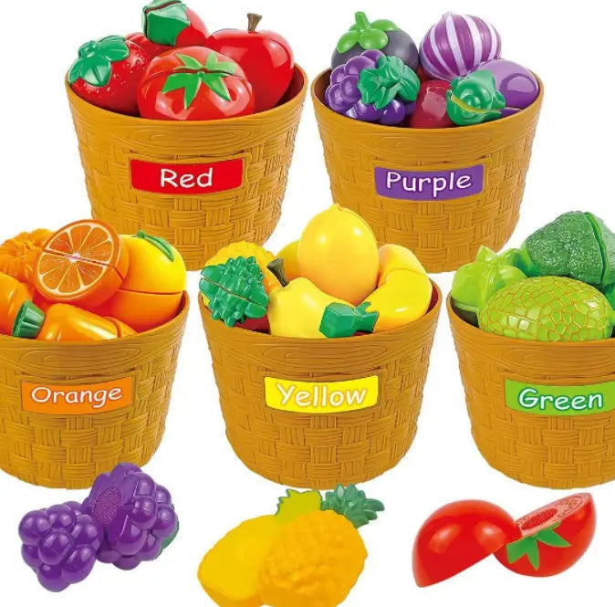 Set Lean Toys cu cinci coșuri colorate și piese alimentare pentru joc de rol și învățarea culorilor