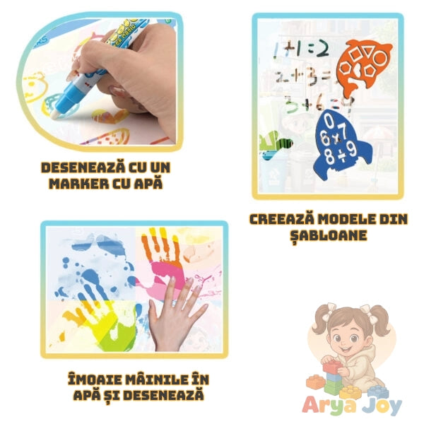 Infografic cu moduri de joacă pentru covorașul Woopie: desen cu marker cu apă, șabloane și amprente.