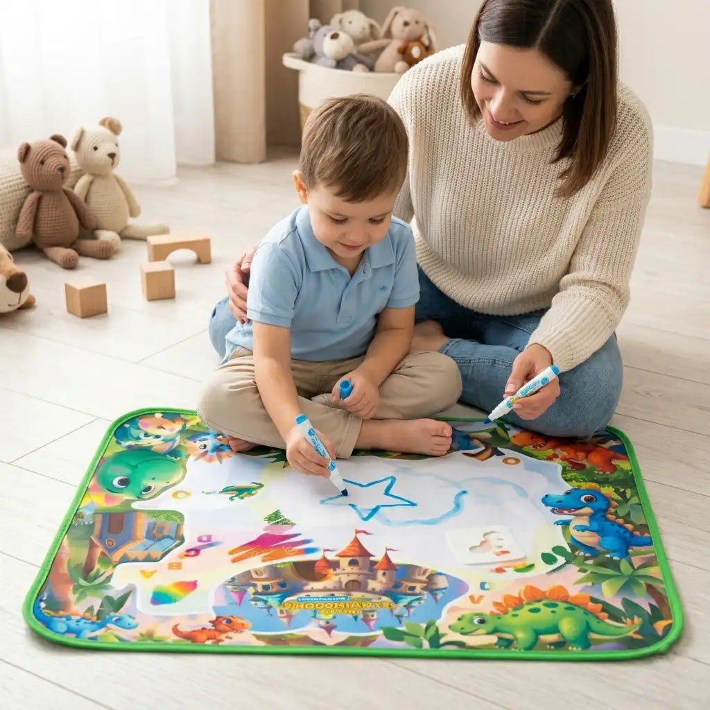 Mamă și copil care desenează pe covorașul Woopie cu apă într-o cameră de joacă luminoasă.