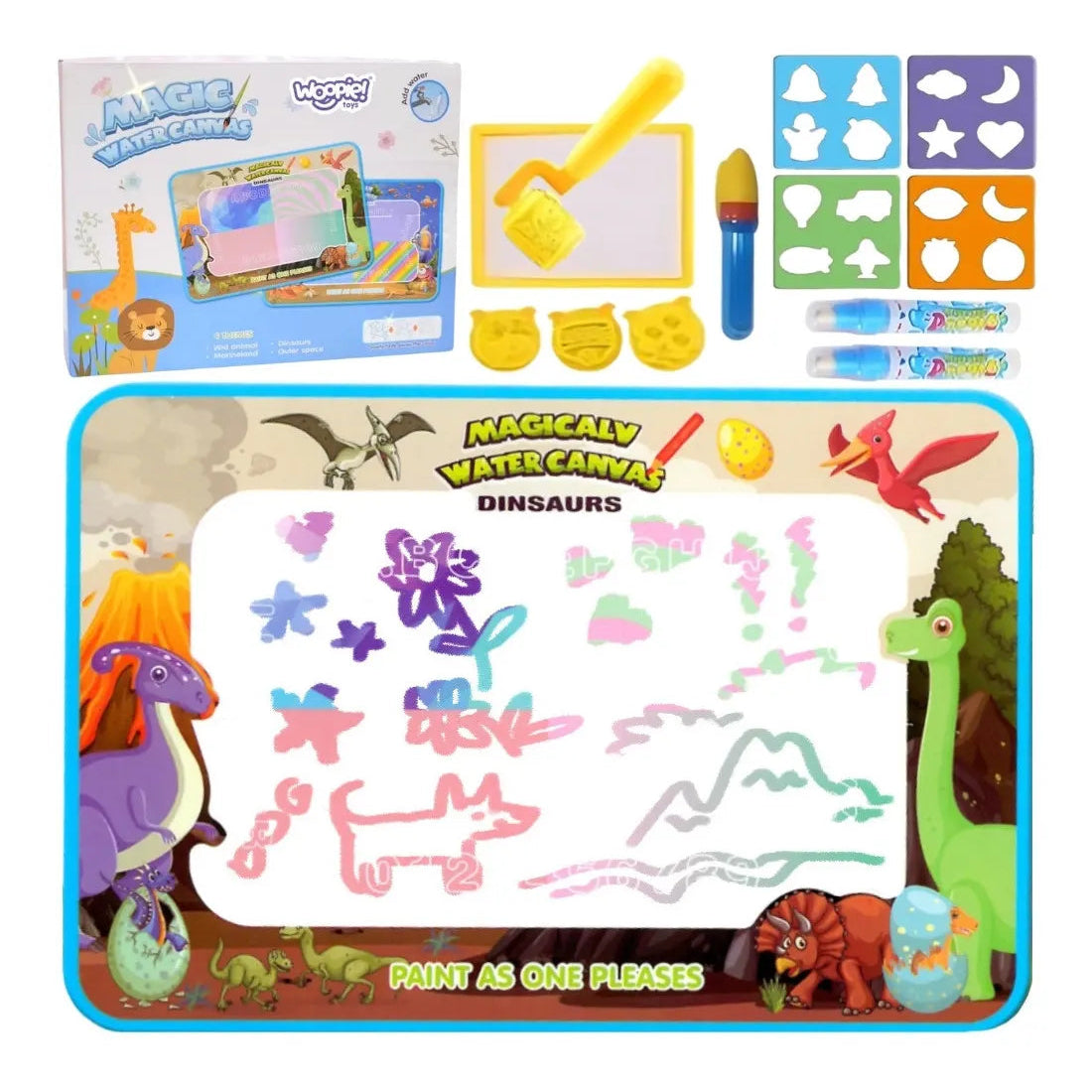Set complet Woopie XXL cu covoraș de pictat cu apă, dinozauri, markere, șabloane, ștampile, rolă și burețel.