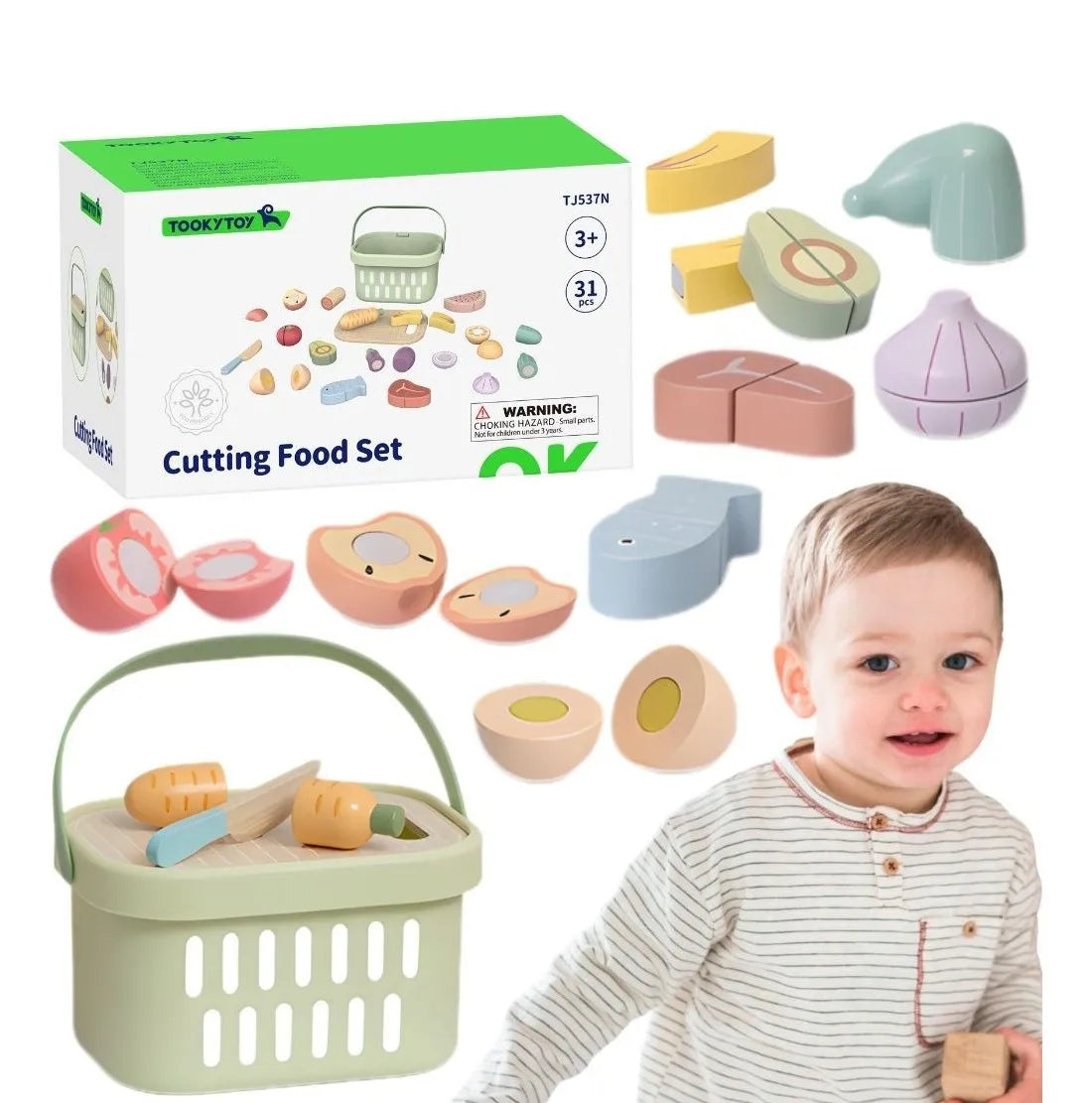 Ambalajul setului Tooky Toy Cutting Food Set TJ537N, cu 31 piese, coș, alimente de tăiat și recomandare 3+ ani.