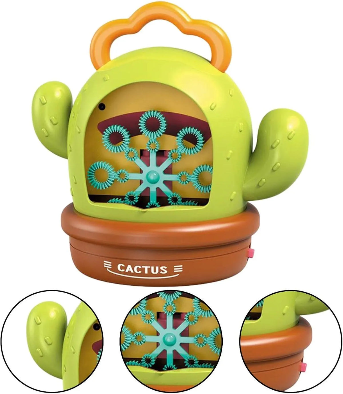 Detalii aparat baloane Woopie Cactus Bubble cu rotiță pentru bule, brațe de cactus și buton.