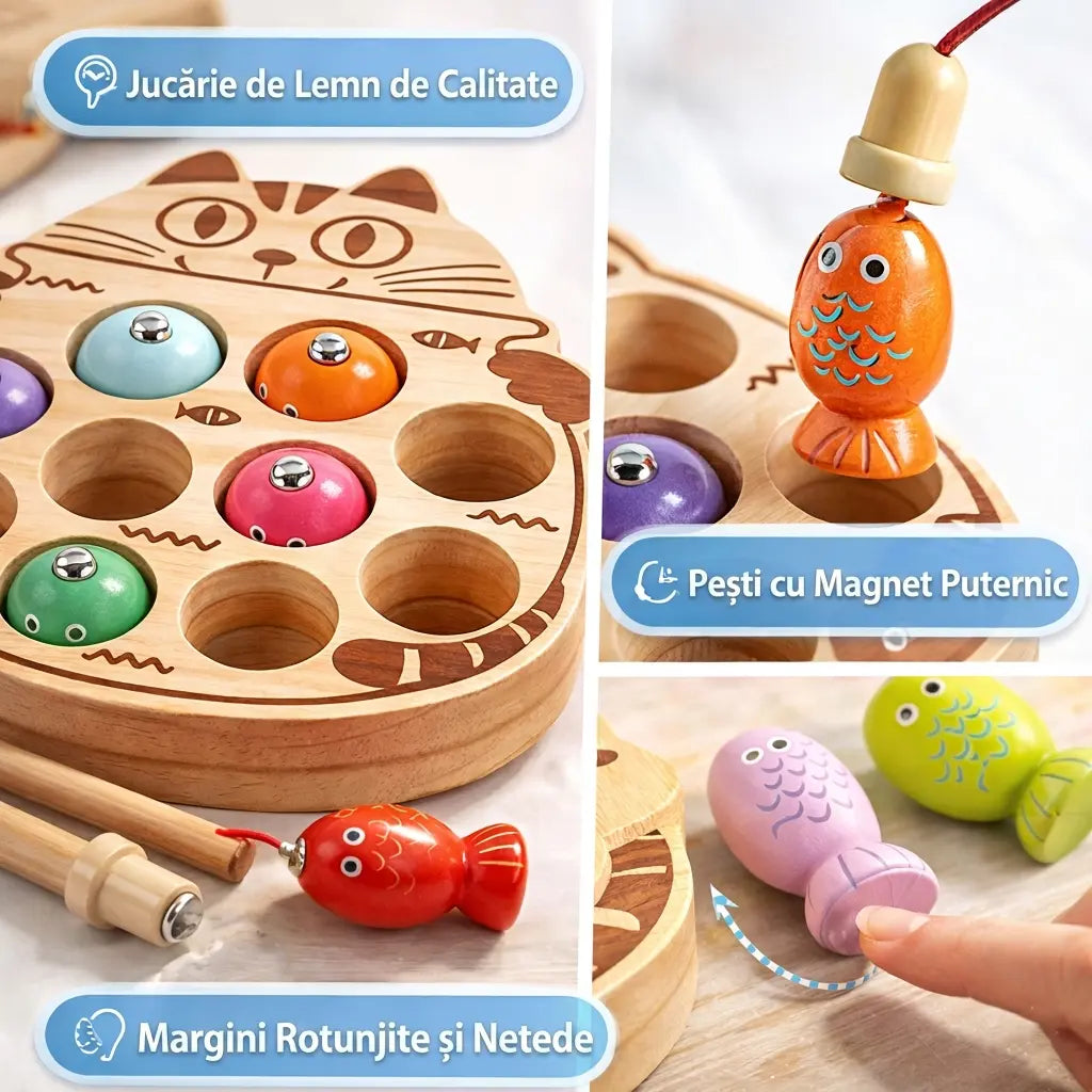 Imagine de prezentare pentru jocul magnetic de pescuit pisică din lemn, cu margini rotunjite și pești cu magnet.