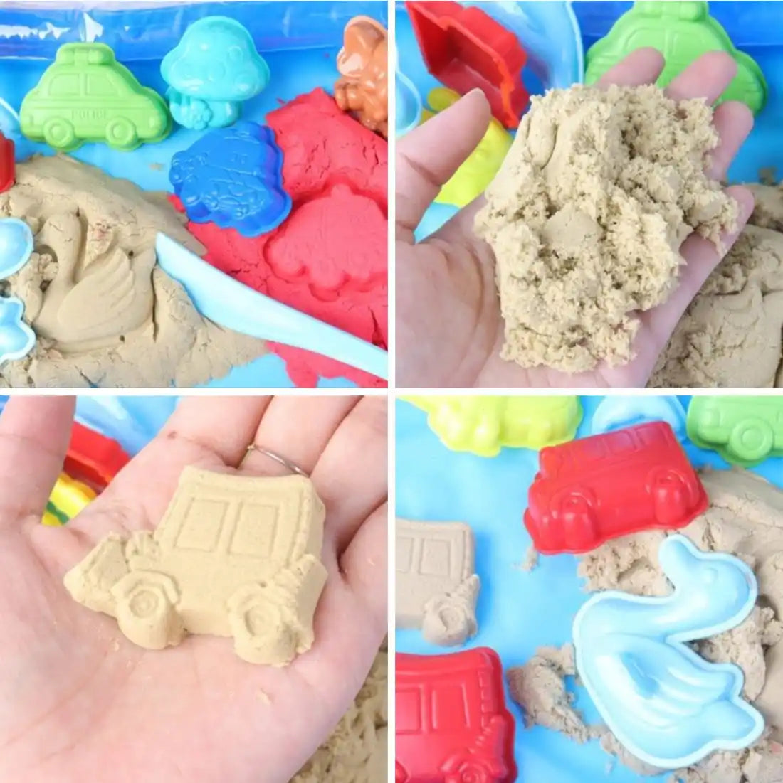 Colaj cu detalii ale nisipului kinetic Woopie, forme colorate și figurine modelate.