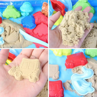 Colaj cu detalii ale nisipului kinetic Woopie, forme colorate și figurine modelate.