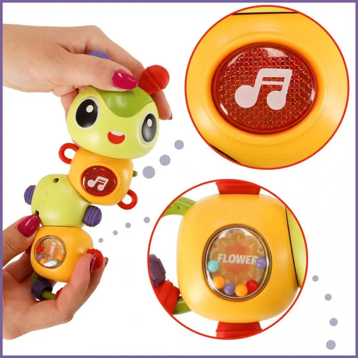 Detalii ale omizii Lean Toys cu buton muzical luminos și zornăitoare cu biluțe colorate.