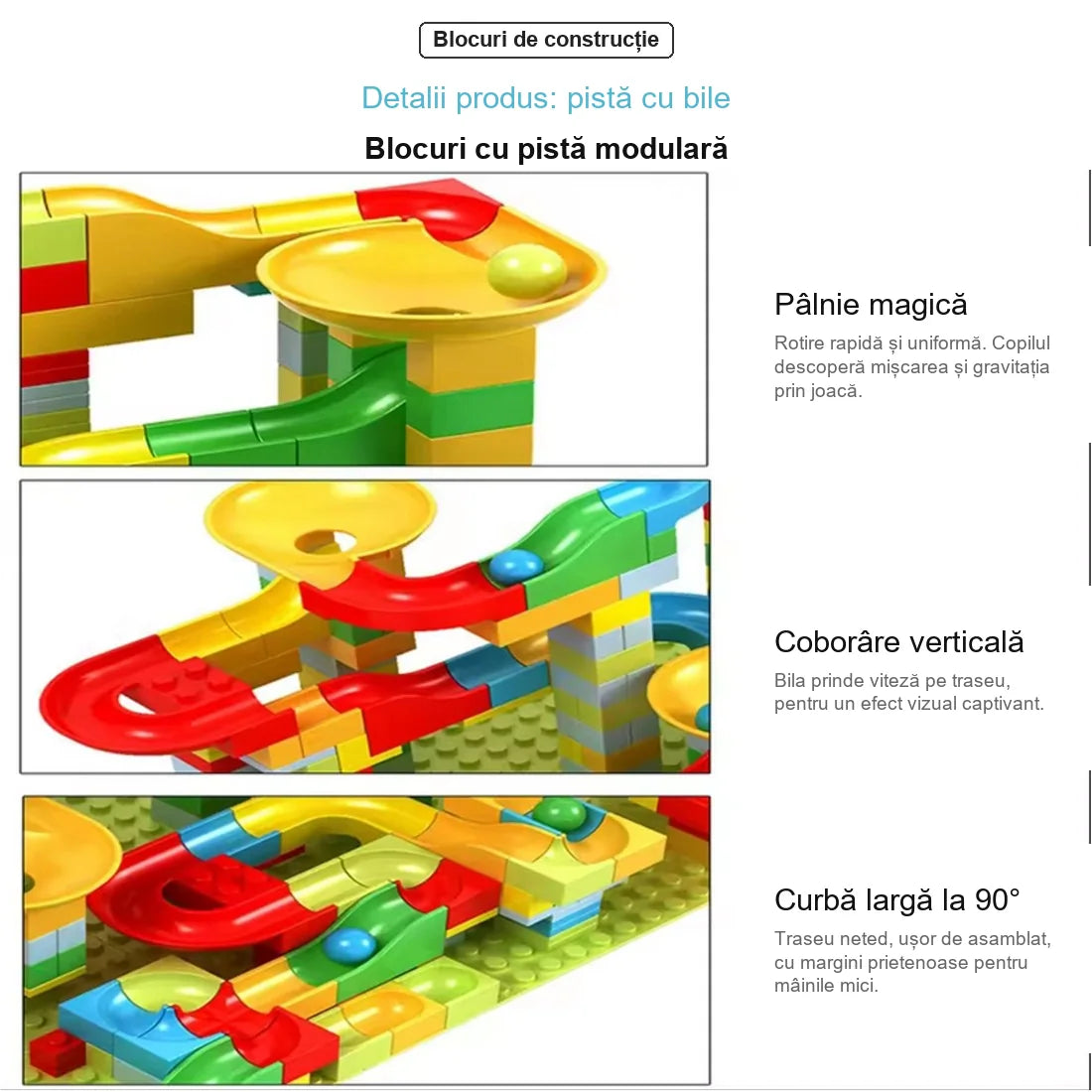 Imagine informativă în română cu detalii despre pista cu bile Woopie, pâlnie magică, coborâre verticală și curbă la 90 de grade.