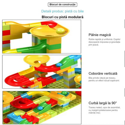 Imagine informativă în română cu detalii despre pista cu bile Woopie, pâlnie magică, coborâre verticală și curbă la 90 de grade.
