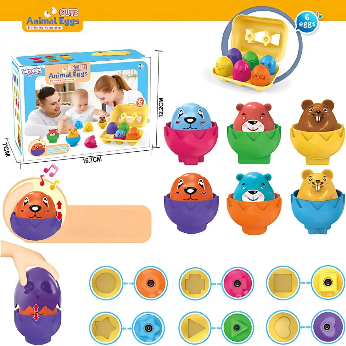 Colaj cu detalii pentru setul Woopie Cute Animal Eggs, 6 ouă, ambalaj, forme și animale colorate.