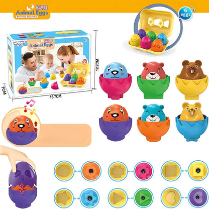 Colaj cu detalii pentru setul Woopie Cute Animal Eggs, 6 ouă, ambalaj, forme și animale colorate.
