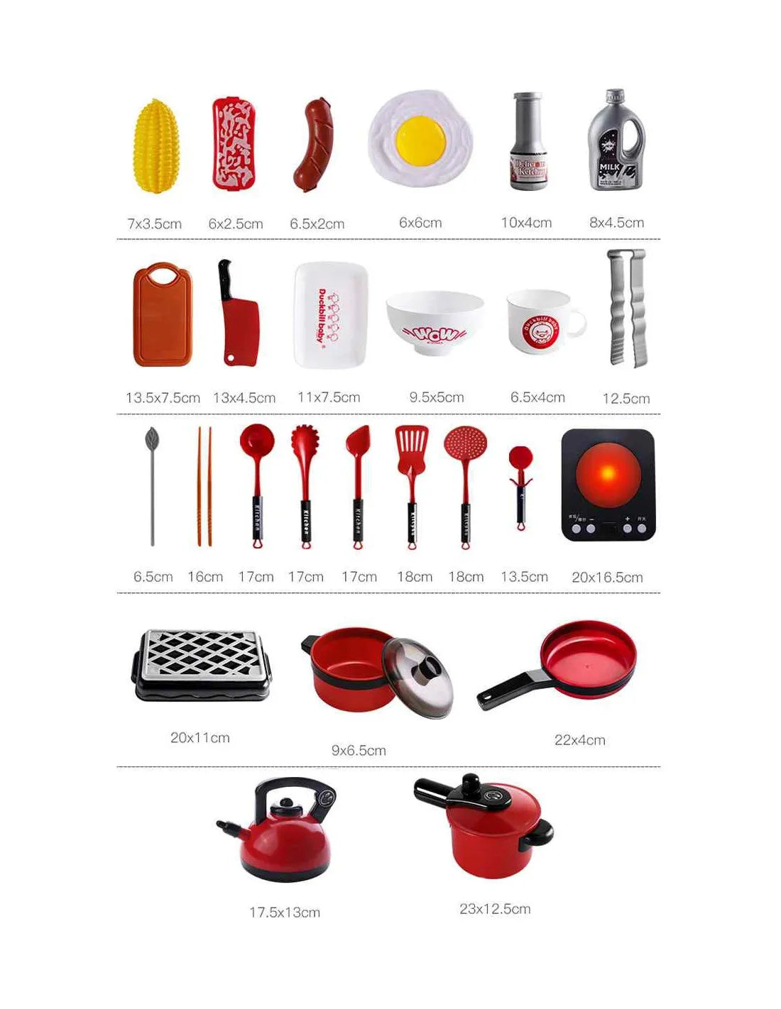 Dimensiuni pentru accesoriile din setul Woopie Happy Kitchen, inclusiv plită, grătar, oale și ustensile