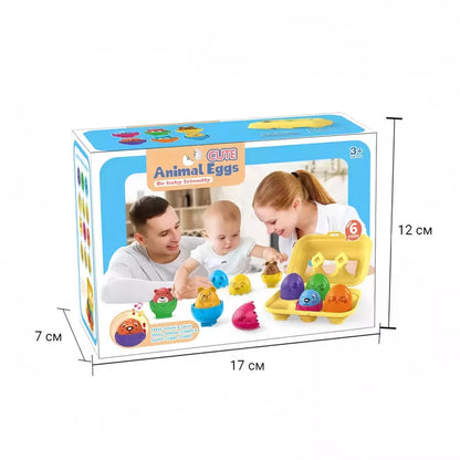 Ambalajul setului Woopie Cute Animal Eggs cu dimensiuni aproximative 17 x 12 x 7 cm.