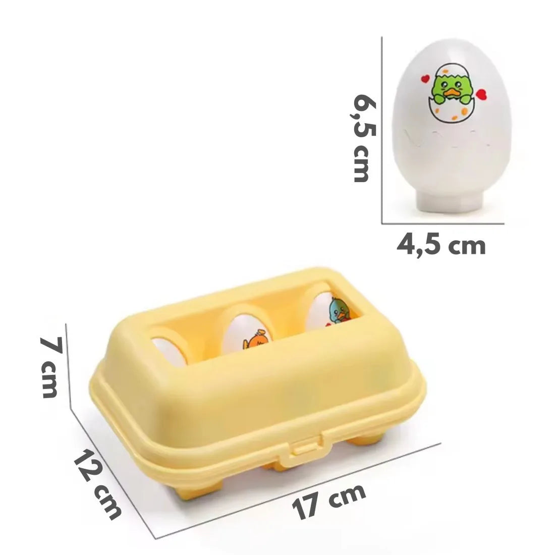 Ambalajul setului Woopie Fun Chicks Eggs cu dimensiuni aproximative 17 x 12 x 7 cm și 6 ouă incluse.