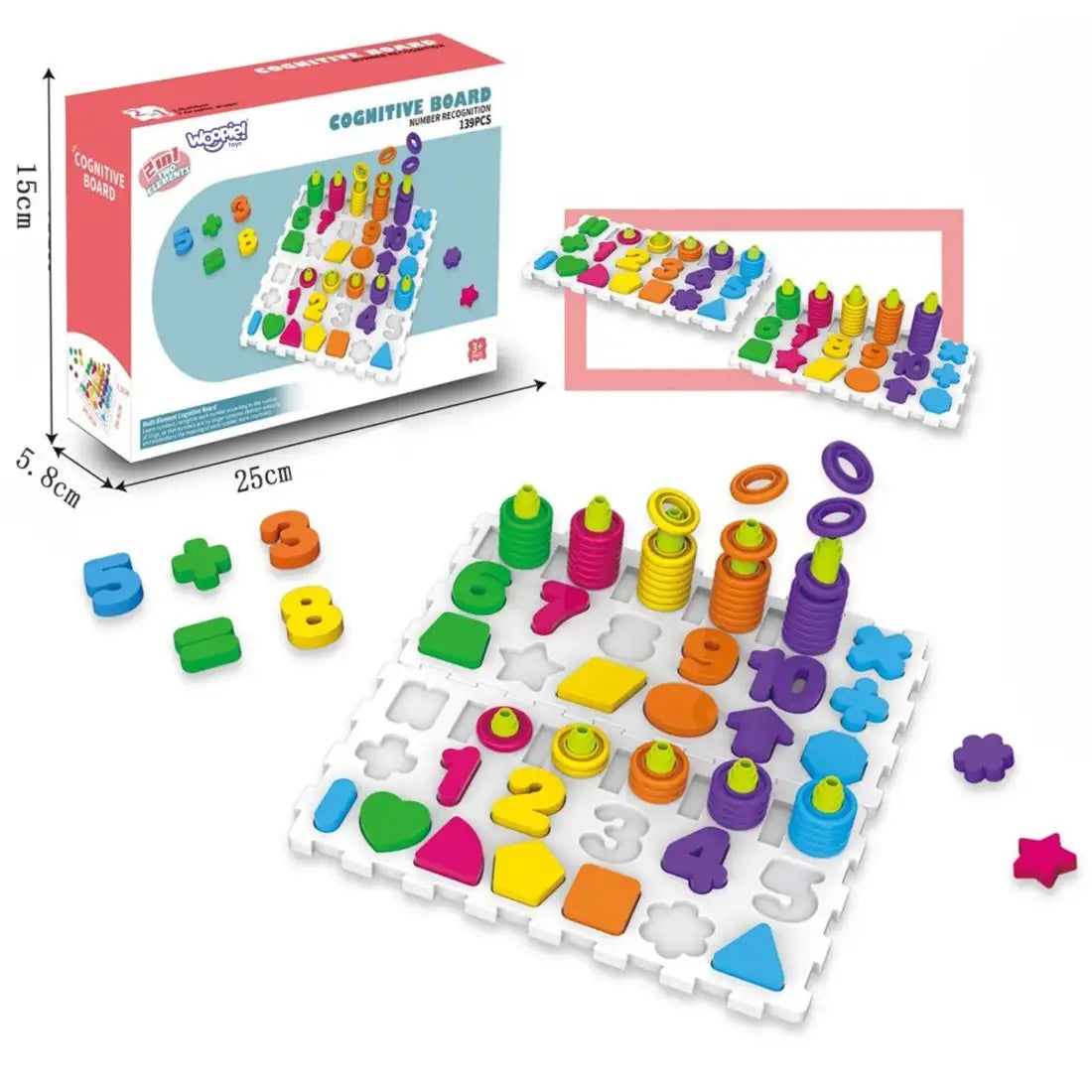 Ambalaj Woopie Cognitive Board cu dimensiuni aproximative 25 x 15 x 5,8 cm si set de 139 piese.