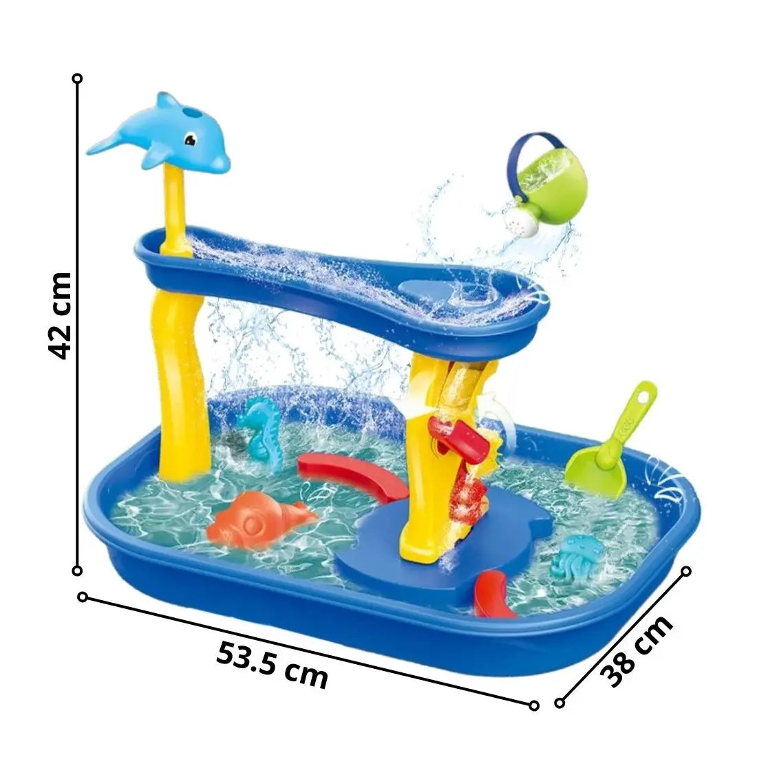 Dimensiuni pentru bazinul Woopie Delfin Cascadă, aproximativ 53,5 cm lungime, 38 cm lățime și 42 cm înălțime.