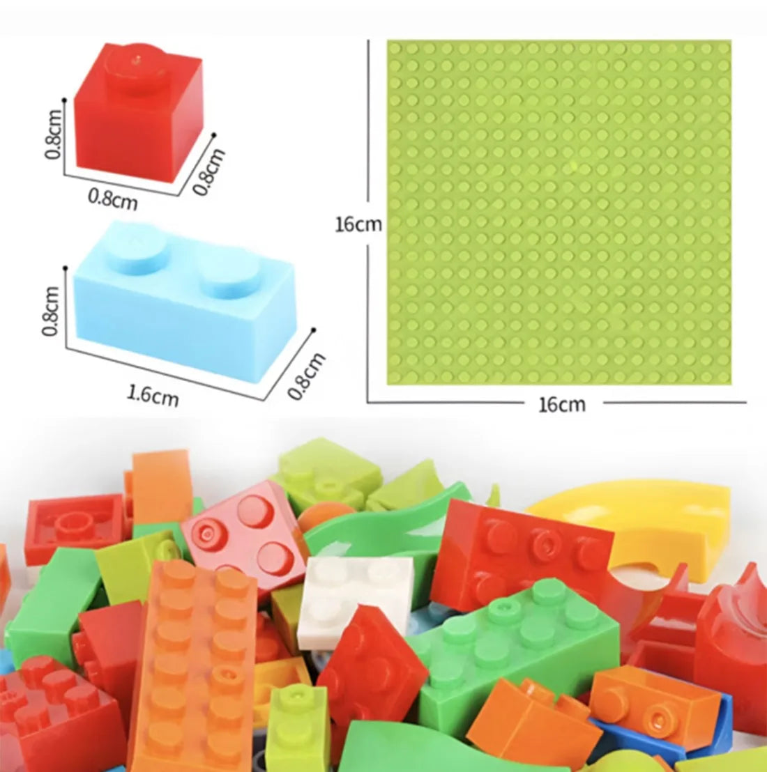 Dimensiuni pentru blocurile și baza setului Woopie Crazy Marble Run, alături de piese colorate.