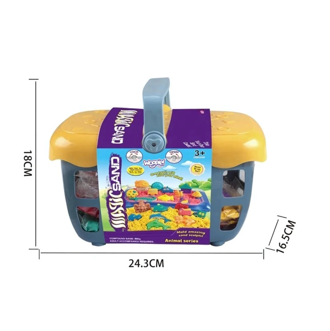 Imagine cu dimensiunile coșului pentru setul Woopie de nisip kinetic, aproximativ 24,3 x 18 x 16,5 cm.