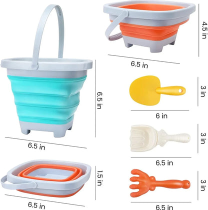 Infografic cu dimensiunile găleții pliabile Woopie și ale accesoriilor pentru nisip incluse în set.