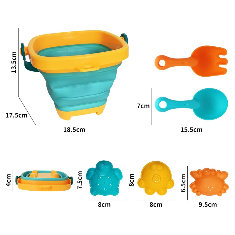 Infografic cu dimensiunile găletușei pliabile Woopie Baby, lopățicii, greblei și formelor incluse.