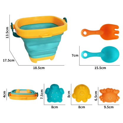 Infografic cu dimensiunile găletușei pliabile Woopie Baby, lopățicii, greblei și formelor incluse.