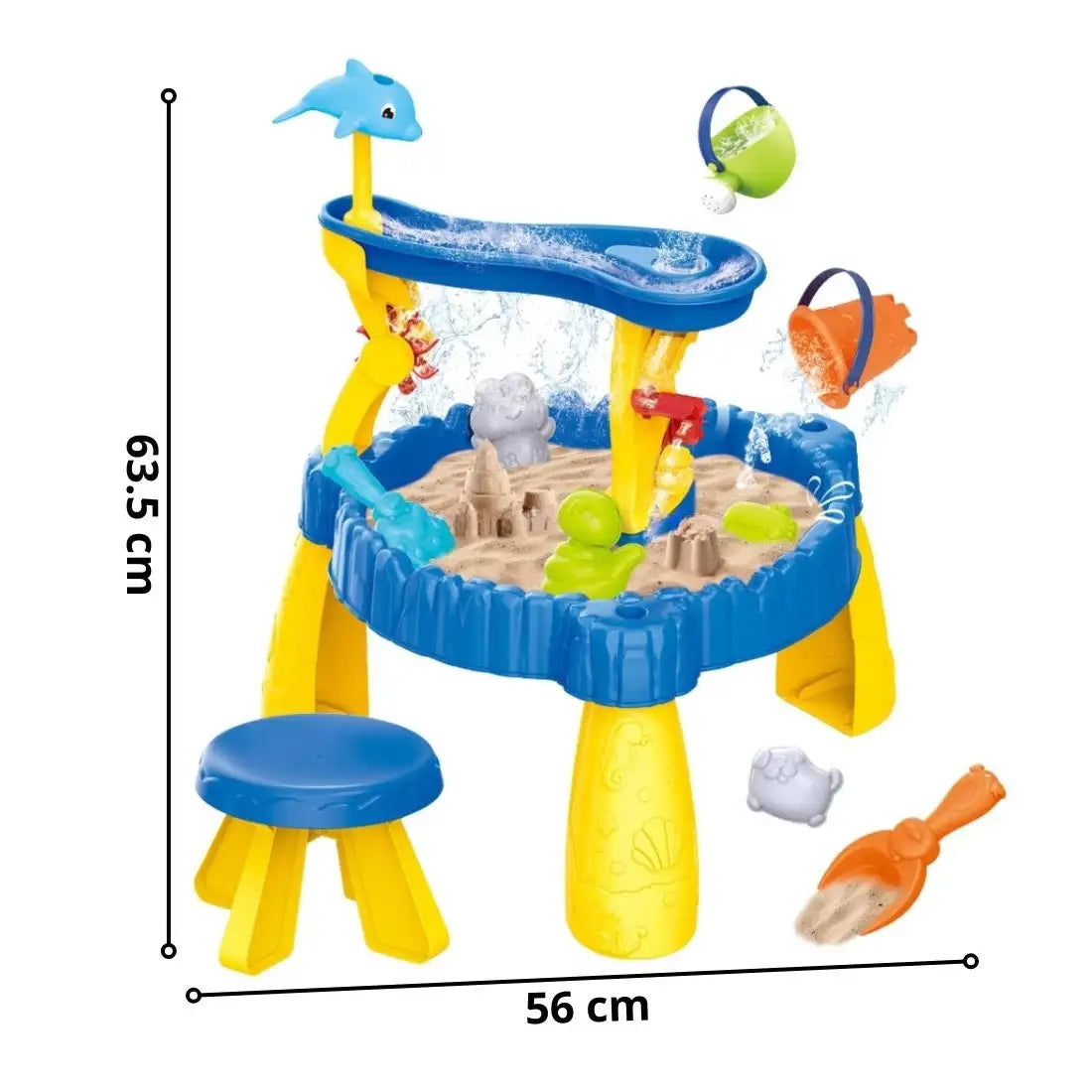 Dimensiuni pentru masa Woopie XL cu delfin și scăunel, aproximativ 56 cm lățime și 63,5 cm înălțime.